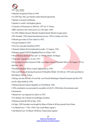 20
www.css.theazkp.com
www.facebook.com/thecsspoint
• Pakistan recognized China in 1949.
• In 1949 July, Pak: got Siachen under Karachi agreement.
• Siachen is located in Baltistan.
• Siachen is world‘s 2nd highest glacier.
• 22 points of Ulema put on 24th Jan: 1951 by 31 Ulema.
• BBC started its first Urdu service on 13th April, 1949.
• In 1950, Iftikhar Hussain Mamdot founded Jinnah Muslim League party.
• PIA founded: 1954 started international service: 1955 to Jordan via Cairo.
• Pakistan got status of Test cricket in 1952.
• Sui gas founded in 1952.
• First five year plan launched in1955.
• National Anthem first broadcasted on radio: 13 August, 1954.
• Pakistan signed CENTO (Baghdad Pact) on 23Sep: 1955.
• West Pakistan declared ―one unit‖ in 1955 by Mohd: Ali Bogra.
• ―One unit‖ repealed on 1st Jan: 1971.
• First acting Governor General of Pak: was Major General Sikandar Mirza 17th August 1955 to
16th Oct: 1955.
• President Iskandar Mirza visited Afghanistan in 1956.
• One unit bill passed during the period of Chaudhry Mohd: Ali 14th oct: 1955 and cancelled on
25th March 1969 by Yahya .
• During one unit first GG of west Pak: was Nawab Mushtaque Ahmed Gormani and first CM
was Dr. Khan Sahib In 1956.
• Pakistan became Islamic Republic on 23rd March, 1956.
• 1956 constitution was presented in assembly in Feb 29, 1956.(Early-Governments-and-
Constitution)
• Martial law was imposed in Lahore in 1953.
• Ch: Rehmat Ali is buried in Cambridge (London)
• Pakistan joined SEATO in Sep: 1954.
• In Sept: 1958 Gawadar was bought by Khan of Kalat at 40 lacs pounds from Oman
• 1st Martial Law= 7 Oct: 1958 ( Gen Ayub Khan-regime )
• 2nd Martial Law=26 March 1969(Gen Yahya-khan-regime)
 