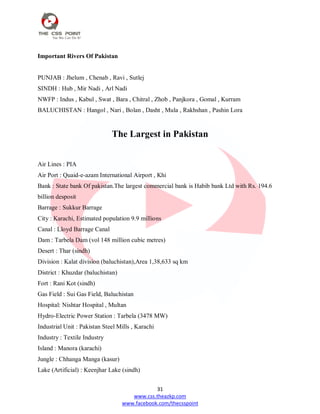 31
www.css.theazkp.com
www.facebook.com/thecsspoint
Important Rivers Of Pakistan
PUNJAB : Jhelum , Chenab , Ravi , Sutlej
SINDH : Hub , Mir Nadi , Arl Nadi
NWFP : Indus , Kabul , Swat , Bara , Chitral , Zhob , Panjkora , Gomal , Kurram
BALUCHISTAN : Hangol , Nari , Bolan , Dasht , Mula , Rakhshan , Pashin Lora
The Largest in Pakistan
Air Lines : PIA
Air Port : Quaid-e-azam International Airport , Khi
Bank : State bank Of pakistan.The largest commercial bank is Habib bank Ltd with Rs. 194.6
billion desposit
Barrage : Sukkur Barrage
City : Karachi, Estimated population 9.9 millions
Canal : Lloyd Barrage Canal
Dam : Tarbela Dam (vol 148 million cubic metres)
Desert : Thar (sindh)
Division : Kalat division (baluchistan),Area 1,38,633 sq km
District : Khuzdar (baluchistan)
Fort : Rani Kot (sindh)
Gas Field : Sui Gas Field, Baluchistan
Hospital: Nishtar Hospital , Multan
Hydro-Electric Power Station : Tarbela (3478 MW)
Industrial Unit : Pakistan Steel Mills , Karachi
Industry : Textile Industry
Island : Manora (karachi)
Jungle : Chhanga Manga (kasur)
Lake (Artificial) : Keenjhar Lake (sindh)
 