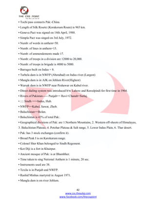 42
www.css.theazkp.com
www.facebook.com/thecsspoint
• Tochi pass connects Pak:-China.
• Length of Silk Rourte (Korakorum Route) is 965 km.
• Geneva Pact was signed on 14th April, 1988.
• Simpla Pact was singed on 3rd July, 1972.
• Numb: of words in anthem=50.
• Numb: of lines in anthem=15.
• Numb: of ammendements made 17.
• Numb: of troops in a division are 12000 to 20,000.
• Numb: of troops in brigade is 4000 to 5000.
• Barrages built on Indus = 8.
• Tarbela dam is in NWFP (Abotabad) on Indus river.(Largest)
• Mangla dam is in AJK on Jehlum River(Highest)
• Warsak dam is in NWFP near Peshawar on Kabul river.
• Direct dialing system was introduced b/w Lahore and Rawalpindi for first time in 1964.
• Rivers of Pakistan----- Punjab== Ravi+Chanab+Sutlaj.
• :::: Sindh ===Indus, Hub.
• NWFP==Kabul, Sawat, Zhob.
• Baluchistan==Bolan.
• Baluchistan is 43% of total Pak:.
• Geographical divisions of Pak: are 1.Northern Mountains, 2. Western off-shoots of Himalayas,
3. Baluchistan Plateau, 4. Potohar Plateau & Salt range, 5. Lower Indus Plain, 6. Thar desert.
• Pak: has 3 stock exchanges (confirm it).
• Broad Peak I is on Karokarum range.
• Colonel Sher Khan belonged to Sindh Regement.
• Kot Diji is a fort in Khairpur.
• Ancient mosque of Pak: is at Bhambhor.
• Time taken to sing National Anthem is 1 minute, 20 sec.
• Instruments used are 38.
• Texila is in Punjab and NWFP.
• Rashid Minhas martyred in August 1971.
• Mangla dam is on river Jehlum.
 