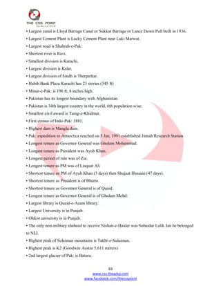 63
www.css.theazkp.com
www.facebook.com/thecsspoint
• Largest canal is Lloyd Barrage Canal or Sukkur Barrage or Lance Down Pull built in 1936.
• Largest Cement Plant is Lucky Cement Plant near Luki Marwat.
• Largest road is Shahrah-e-Pak:
• Shortest river is Ravi.
• Smallest division is Karachi.
• Largest division is Kalat.
• Largest division of Sindh is Therparkar.
• Habib Bank Plaza Karachi has 23 stories (345 ft)
• Minar-e-Pak: is 196 ft, 8 inches high.
• Pakistan has its longest boundary with Afghanistan.
• Pakistan is 34th largest country in the world, 6th population wise.
• Smallest civil award is Tamg-e-Khidmat.
• First census of Indo-Pak: 1881.
• Highest dam is Mangla dam.
• Pak: expedition to Antarctica reached on 5 Jan, 1991 established Jinnah Research Station
• Longest tenure as Governor General was Ghulam Mohammad.
• Longest tenure as President was Ayub Khan.
• Longest period of rule was of Zia.
• Longest tenure as PM was of Liaquat Ali
• Shortest tenure as PM of Ayub Khan (3 days) then Shujaat Hussain (47 days).
• Shortest tenure as President is of Bhutto.
• Shortest tenure as Governor General is of Quaid.
• Longest tenure as Governor General is of Ghulam Mohd:
• Largest library is Quaid-e-Azam library.
• Largest University is in Punjab.
• Oldest university is in Punjab.
• The only non-military shaheed to receive Nishan-e-Haider was Subaidar Lalik Jan he belonged
to NLI.
• Highest peak of Sulaiman mountains is Takht-e-Sulaiman.
• Highest peak is K2 (Goodwin Austin 5,611 meters)
• 2nd largest glacier of Pak: is Batura.
 