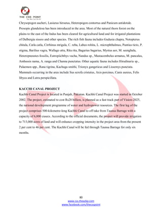 80
www.css.theazkp.com
www.facebook.com/thecsspoint
Chrysopogon aucheri, Lasiurus hirsutus, Heteropogon contortus and Panicum antidotale.
Prosopis glandulosa has been introduced in the area. Most of the natural thorn forest on the
plains to the east of the Indus has been cleared for agricultural land and for irrigated plantations
of Dalbergia sissoo and other species. The rich fish fauna includes Gudusia chapra, Notopterus
chitala, Catla catla, Cirrhinus mrigala, C. reba, Labeo rohita, L. microphthalmus, Puntius ticto, P.
stigma, Barilius vagra, Wallago attu, Rita rita, Bagarius bagarius, Mystus aor, M. seenghala,
Heteropneustes fossilis, Eutropiichthys vacha, Nandus sp., Mastacembelus armatus, M. pancalus,
Ambassis nama, A. ranga and Channa punctatus. Other aquatic fauna includes Hirudinaria sp.,
Palaemon spp., Rana tigrina, Kachuga smithi, Trionyx gangeticus and Lissemys punctata.
Mammals occurring in the area include Sus scrofa cristatus, Axis porcinus, Canis aureus, Felis
libyca and Lutra perspicillata.
KACCHI CANAL PROJECT
Kachhi Canal Project is located in Punjab, Pakistan. Kachhi Canal Project was started in October
2002. The project, estimated to cost Rs28 billion, is planned as a fast track part of Vision-2025,
the national development programme of water and hydropower resources. The first leg of the
project comprises 500-kilometre-long Kachhi Canal to off take from Taunsa Barrage with a
capacity of 6,000 cusecs. According to the official documents, the project will provide irrigation
to 713,000 acres of land and will enhance cropping intensity in the project area from the present
2 per cent to 46 per cent. The Kachhi Canal will be fed through Taunsa Barrage for only six
months.
 