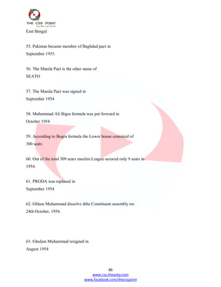 86
www.css.theazkp.com
www.facebook.com/thecsspoint
East Bengal
55. Pakistan became member of Baghdad pact in
September 1955.
56. The Manila Pact is the other name of
SEATO
57. The Manila Pact was signed in
September 1954
58. Muhammad Ali Bigra formula was put forward in
October 1954
59. According to Bogra formula the Lower house consisted of
300 seats
60. Out of the total 309 sears muslim League secured only 9 seats in
1954.
61. PRODA was replaced in
September 1954
62. Ghlam Muhammad dissolve dthe Constituent assembly on:
24th October, 1954.
63. Ghulam Muhammad resigned in
August 1954
 