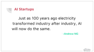 AI Startups
Just as 100 years ago electricity
transformed industry after industry, AI
will now do the same.
-Andrew NG
 