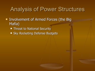 Analysis of Power Structures Involvement of Armed Forces (the Big Mafia) Threat to National Security Sky Rocketing Defense Budgets