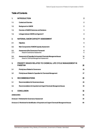 NationalCapacityAssessmentofPakistanforImplementationofSAICM
TableofContents
1.
1.1.
1.2.
1.3.
1.4.
2.
2.1.
2.2.
2.3.
2.3.1.
2.4.
2.4.1
3.
3.1
3.2
3.
3.1
3.2.
4.
INTRODUCTION
ContextandOverview
BackgroundonSAICM
OverviewofSAICMOutcomesandDecisions
LinkagesbetweenSAICMandAgenda21
NATIONAL SAICM CAPACITY ASSESSMENT
Objectives
MainComponentsofSAICMCapacityAssessment
AssessmentoftheGovernanceFramework
AreasforGovernanceAssessment
AssessmentofCapacitiesforImportantChemicalsManagementIssues
AreasforChemicalManagementAssessment
PRIORITY ISSUES RELATED TO CHEMICAL LIFE CYCLE MANAGEMENT IN
PAKISTAN
PriorityIssueRelatedtoGovernance
PriorityIssuesRelatedtoCapacitiesforChemicalsManagement
RECOMMENDATIONS
RecommendationsforGovernanceIssues
RecommendationsforImportantandUrgentChemicalsManagementIssues
CONCLUSION
2
2
2
3
4
5
5
6
6
6
14
14
26
26
27
29
29
30
32
ANNEXURES 38
Annexure1:WorksheetforGovernanceAssessment 39
Annexure2:WorksheetforIdentificationofImportantandUrgentChemicalsManagementIssues 69
International Cooperation Wing, Ministry of Environment, Government of Pakistan, Islamabad Page1
 