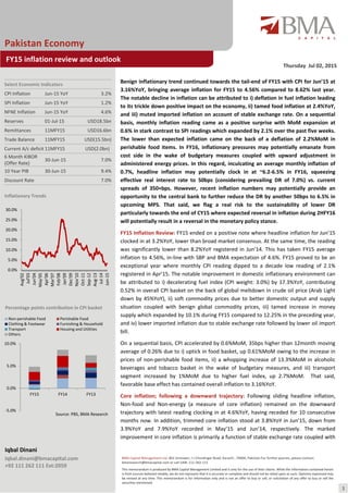  
Benign inflationary trend continued towards the tail‐end of FY15 with CPI for Jun’15 at 
3.16%YoY, bringing average inflation for FY15 to 4.56% compared to 8.62% last year. 
The notable decline in inflation can be attributed to i) deflation in fuel inflation leading 
to its trickle down positive impact on the economy, ii) tamed food inflation at 2.4%YoY, 
and iii) muted imported inflation on account of stable exchange rate. On a sequential 
basis,  monthly  inflation  reading  came  as  a  positive  surprise  with  MoM  expansion  at 
0.6% in stark contrast to SPI readings which expanded by 2.1% over the past five weeks. 
The  lower  than  expected  inflation  came  on  the  back  of  a  deflation  of  2.2%MoM  in 
perishable  food  items.  In  FY16,  inflationary  pressures  may  potentially  emanate  from 
cost  side  in  the  wake  of  budgetary  measures  coupled  with  upward  adjustment  in 
administered energy prices. In this regard, inculcating an average monthly inflation of 
0.7%,  headline  inflation  may  potentially  clock  in  at  ~6.2‐6.5%  in  FY16,  squeezing 
effective  real  interest  rate  to  50bps  (considering  prevailing  DR  of  7.0%)  vs.  current 
spreads  of  350+bps.  However,  recent  inflation  numbers  may  potentially  provide  an 
opportunity to the central bank to further reduce the DR by another 50bps to 6.5% in 
upcoming  MPS.  That  said,  we  flag  a  real  risk  to  the  sustainability  of  lower  DR 
particularly towards the end of CY15 where expected reversal in inflation during 2HFY16 
will potentially result in a reversal in the monetary policy stance.  
FY15 Inflation Review: FY15 ended on a positive note where headline inflation for Jun’15 
clocked in at 3.2%YoY, lower than broad market consensus. At the same time, the reading 
was significantly lower than 8.2%YoY registered in Jun’14. This has taken FY15 average 
inflation to 4.56%, in‐line with SBP and BMA expectation of 4.6%. FY15 proved to be an 
exceptional  year  where  monthly  CPI  reading  dipped  to  a  decade  low  reading  of  2.1% 
registered in Apr’15. The notable improvement in domestic inflationary environment can 
be attributed to i) decelerating fuel index (CPI weight: 3.0%) by 17.3%YoY, contributing 
0.52% in overall CPI basket on the back of global meltdown in crude oil price (Arab Light 
down by 45%YoY), ii) soft commodity prices due to better domestic output and supply 
situation  coupled  with  benign  global  commodity  prices,  iii)  tamed  increase  in  money 
supply which expanded by 10.1% during FY15 compared to 12.25% in the preceding year, 
and iv) lower imported inflation due to stable exchange rate followed by lower oil import 
bill.  
On a sequential basis, CPI accelerated by 0.6%MoM, 35bps higher than 12month moving 
average of 0.26% due to i) uptick in food basket, up 0.61%MoM owing to the increase in 
prices of non‐perishable food items, ii) a whopping increase of 13.3%MoM in alcoholic 
beverages  and  tobacco  basket  in  the  wake  of  budgetary  measures,  and  iii)  transport 
segment  increased  by  1%MoM  due  to  higher  fuel  index,  up  2.7%MoM.    That  said, 
favorable base effect has contained overall inflation to 3.16%YoY.  
Core  inflation;  following  a  downward  trajectory:  Following  sliding  headline  inflation, 
Non‐food  and  Non‐energy  (a  measure  of  core  inflation)  remained  on  the  downward 
trajectory with latest reading clocking in at 4.6%YoY, having receded for 10 consecutive 
months now. In addition, trimmed core inflation stood at 3.8%YoY in Jun’15, down from 
3.9%YoY  and  7.9%YoY  recorded  in  May’15  and  Jun’14,  respectively.  The  marked 
improvement in core inflation is primarily a function of stable exchange rate coupled with
Pakistan Economy 
Thursday  Jul 02, 2015 
 FY15 inflation review and outlook 
Select Economic Indicators 
CPI Inflation  Jun‐15 YoY  3.2%
SPI Inflation  Jun‐15 YoY  1.2%
NFNE Inflation  Jun‐15 YoY  4.6%
Reserves   01‐Jul‐15  USD18.5bn
Remittances  11MFY15  USD16.6bn
Trade Balance  11MFY15  USD(15.5bn)
Current A/c deficit 11MFY15          USD(2.0bn) 
6 Month KIBOR 
(Offer Rate) 
30‐Jun‐15  7.0%
10 Year PIB  30‐Jun‐15  9.4%
Discount Rate    7.0%
 
Percentage points contribution in CPI basket
Inflationary Trends 
 
Iqbal Dinani 
Iqbal.dinani@bmacapital.com 
+92 111 262 111 Ext:2059  
 
 
 
0.0%
5.0%
10.0%
15.0%
20.0%
25.0%
30.0%
Aug'02
Jul'03
Jun'04
May'05
Apr'06
Mar'07
Feb'08
Jan'09
Dec'09
Nov'10
Oct‐11
Sep‐12
Aug‐13
Jul‐14
Jun‐15
 
‐5.0%
0.0%
5.0%
10.0%
FY15 FY14 FY13
Non‐perishable Food Perishable Food
Clothing & Footwear Furnishing & Household
Transport Housing and Utilities
Others
Source: PBS, BMA Research 
1 
 