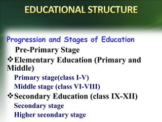 Progression and Stages of Education
Pre-Primary Stage
Elementary Education (Primary and
Middle)
Primary stage(class I-V)
Middle stage (class VI-VIII)
Secondary Education (class IX-XII)
Secondary stage
Higher secondary stage
 