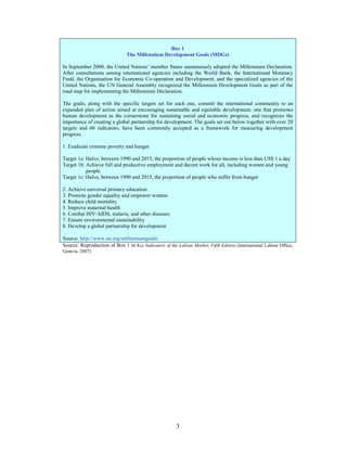 Box 1
                               The Millennium Development Goals (MDGs)

In September 2000, the United Nations’ member States unanimously adopted the Millennium Declaration.
After consultations among international agencies including the World Bank, the International Monetary
Fund, the Organisation for Economic Co-operation and Development, and the specialized agencies of the
United Nations, the UN General Assembly recognized the Millennium Development Goals as part of the
road map for implementing the Millennium Declaration.

The goals, along with the specific targets set for each one, commit the international community to an
expanded plan of action aimed at encouraging sustainable and equitable development, one that promotes
human development as the cornerstone for sustaining social and economic progress, and recognizes the
importance of creating a global partnership for development. The goals set out below together with over 20
targets and 60 indicators, have been commonly accepted as a framework for measuring development
progress.

1. Eradicate extreme poverty and hunger

Target 1a: Halve, between 1990 and 2015, the proportion of people whose income is less than US$ 1 a day
Target 1b: Achieve full and productive employment and decent work for all, including women and young
           people.
Target 1c: Halve, between 1990 and 2015, the proportion of people who suffer from hunger

2. Achieve universal primary education
3. Promote gender equality and empower women
4. Reduce child mortality
5. Improve maternal health
6. Combat HIV/AIDS, malaria, and other diseases
7. Ensure environmental sustainability
8. Develop a global partnership for development

Source: http://www.un.org/millenniumgoals/
Source: Reproduction of Box 1 in Key Indicators of the Labour Market, Fifth Edition (International Labour Office,
Geneva, 2007)




                                                       3
 