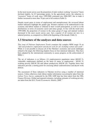 In the most recent survey year the proportion of male workers working “excessive” hours
declined slightly, by 0.5 percentage points. In the agricultural sector, the reduction in
“excessive” hours of work since 1999/2000 continued into 2006/2007, but in trade it
further increased to more than 70 per cent of all workers (Table 2).

Despite recent gains in terms of employment and unemployment, the reviewed labour
market indicators highlight the gender gap. Women continue to be underutilized in the
economy and labour market as reflected in their overall participation, as well as in the
distributions in terms of economic sector and status groups. In line with the trend since
1999/2000, the proportion of women in the status group of wage and salaried workers
decreased in the most recent survey year. Just a quarter of all women are now in a
salaried position, as compared to a third at the beginning of the decade (Table 2).

1.3 Structure of the analyses and data sources
This issue of Pakistan Employment Trends examines the complex MDG target 1b on
“full and productive employment and decent work for all, including women and youth”.
While it is not possible to discuss all of the Pakistan’s economic and social challenges
related to the target, the following chapters focus on four statistical indicators. They have
been adopted by the international community to assess progress on the achievement of
MDG 1.

The set of indicators is as follows: (1) employment-to population ratios (KILM 2),
vulnerable employment (defined on the basis of status in employment - KILM 3),
working poverty (KILM 20) and labour productivity (KILM 18). Together these four
indicators provide a starting point for assessing labour underutilization and decent work
deficits.

The assessment of these indicators in Pakistan involves using a number of statistical
sources. Unless otherwise cited, labour market information was primarily taken from the
Labour Force Survey conducted by the FBS. GDP data has been taken from the FBS,
Finance Division. Global and regional estimates, including estimates of working poverty,
are taken from the ILO, Trends Econometric Models, 2008.11




11     See ILO, Global Employment Trends, 2008.




                                                  12
 