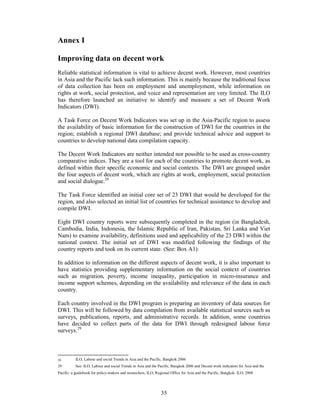 Annex I

Improving data on decent work
Reliable statistical information is vital to achieve decent work. However, most countries
in Asia and the Pacific lack such information. This is mainly because the traditional focus
of data collection has been on employment and unemployment, while information on
rights at work, social protection, and voice and representation are very limited. The ILO
has therefore launched an initiative to identify and measure a set of Decent Work
Indicators (DWI).

A Task Force on Decent Work Indicators was set up in the Asia-Pacific region to assess
the availability of basic information for the construction of DWI for the countries in the
region; establish a regional DWI database; and provide technical advice and support to
countries to develop national data compilation capacity.

The Decent Work Indicators are neither intended nor possible to be used as cross-country
comparative indices. They are a tool for each of the countries to promote decent work, as
defined within their specific economic and social contexts. The DWI are grouped under
the four aspects of decent work, which are rights at work, employment, social protection
and social dialogue.28

The Task Force identified an initial core set of 23 DWI that would be developed for the
region, and also selected an initial list of countries for technical assistance to develop and
compile DWI.

Eight DWI country reports were subsequently completed in the region (in Bangladesh,
Cambodia, India, Indonesia, the Islamic Republic of Iran, Pakistan, Sri Lanka and Viet
Nam) to examine availability, definitions used and applicability of the 23 DWI within the
national context. The initial set of DWI was modified following the findings of the
country reports and took on its current state. (See: Box A1)

In addition to information on the different aspects of decent work, it is also important to
have statistics providing supplementary information on the social context of countries
such as migration, poverty, income inequality, participation in micro-insurance and
income support schemes, depending on the availability and relevance of the data in each
country.

Each country involved in the DWI program is preparing an inventory of data sources for
DWI. This will be followed by data compilation from available statistical sources such as
surveys, publications, reports, and administrative records. In addition, some countries
have decided to collect parts of the data for DWI through redesigned labour force
surveys.29



28        ILO, Labour and social Trends in Asia and the Pacific, Bangkok 2006
29        See: ILO, Labour and social Trends in Asia and the Pacific, Bangkok 2006 and Decent work indicators for Asia and the
Pacific: a guidebook for policy-makers and researchers, ILO, Regional Office for Asia and the Pacific, Bangkok: ILO, 2008




                                                               35
 