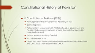 Constitutional History of Pakistan 
 1st Constitution of Pakistan (1956) 
 Promulgated by the 2nd Constituent Assembly in 1956 
 Islamic Republic 
 Parliamentary; unicameral with PM to be head of government and 
President to be ceremonial head of state (immediately flaunted by 
incoming President) 
 Federal; while maintaining One Unit 
 No clarity on elections 
 Lasted two years before President Iskander Mirza declared martial law 
and Gen. Ayub Khan appointed as CMLA. 
 