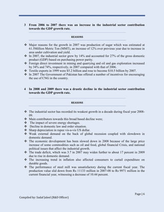 Page | 6
Compiled by: Sadaf Jaleel (R&D Officer)
3 From 2006 to 2007 there was an increase in the industrial sector contribution
towards the GDP growth rate.
REASONS
 Major reasons for the growth in 2007 was production of sugar which was estimated at
61.5Million Metric Ton (MMT), an increase of 12% over previous year due to increase in
area under cultivation and yield.
 In 2007, the industrial sector grew by 14% and accounted for 27% of the gross domestic
product (GDP) based on purchasing power parity.
 Foreign direct investment in mining and quarrying and oil and gas exploration increased
by 34% and 74%, respectively, in 2007 compared with that of 2006.
 Textile exports in 1999 were $5.2 billion and rose to become $10.5 billion by 2007.
 In 2007 The Government of Pakistan has offered a number of incentives for encouraging
the use of CNG in the country.
4 In 2008 and 2009 there was a drastic decline in the industrial sector contribution
towards the GDP growth rate.
REASONS
 The industrial sector has recorded its weakest growth in a decade during fiscal year 2008-
09.
 Main contributors towards this broad based decline were;
 The impact of severe energy shortages.
 Decline in domestic law and order situation.
 Sharp depreciation in rupee vis-a-vis US dollar.
 Weak external demand on the back of global recession coupled with slowdown in
domestic demand.
 The economic development has been slowed down in 2008 because of the large price
increase of some commodities such as oil and food, global financial Crisis, and national
political issues that affect the industrial growth.
 The trade deficit, which was 3.7 in 2007 may widen further to about 17 percent in 2009
due to rise in domestic demand.
 The increasing trend in inflation also affected consumers to curtail expenditure on
durable goods.
 The performance of steel mill was unsatisfactory during the current fiscal year. The
production value slid down from Rs 11133 million in 2007-08 to Rs 9971 million in the
current financial year, witnessing a decrease of 10.44 percent.
 