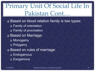 Primary Unit Of Social Life In
Pakistan Cont…
 Based on blood relation family is two types:
 Family of orientation
 Family of procreation
 Based on Marriage:
 Monogamy
 Polygamy
 Based on rules of marriage:
 Endogamous
 Exogamous
Pakistani Society a Cultural Perspective 4511/24/2016
 