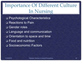 Importance Of Different Culture
In Nursing
 Psychological Characteristics
 Reactions to Pain
 Gender roles
 Language and communication
 Orientation to space and time
 Food and nutrition
 Socioeconomic Factors
Pakistani Society a Cultural Perspective 5011/24/2016
 