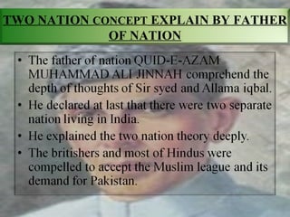 TWO NATION CONCEPT EXPLAIN BY FATHER
OF NATION
 