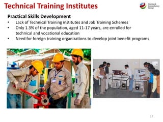 17
Technical Training Institutes
Practical Skills Development
• Lack of Technical Training institutes and Job Training Schemes
• Only 1.3% of the population, aged 11-17 years, are enrolled for
technical and vocational education
• Need for foreign training organizations to develop joint benefit programs
 