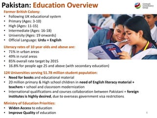 Pakistan: Education Overview
Former British Colony:
• Following UK educational system
• Primary (Ages: 3-10)
• High (Ages: 11-15)
• Intermediate (Ages: 16-18)
• University (Ages: 19 onwards)
• Official Language: Urdu + English
Literacy rates of 10 year olds and above are:
• 71% in urban areas
• 49% in rural areas
• 85% overall rate target by 2015
• 16.8% for people age 25 and above (with secondary education)
124 Universities serving 51.78 million student population:
• Need for books and educational material
• 20 million primary & High school children in need of English literacy material +
teachers + school and classroom modernization
• International qualifications and courses collaboration between Pakistani + foreign
institutes is highly desired, due to overseas government visa restrictions
Ministry of Education Priorities:
• Widen Access to education
• Improve Quality of education 4
 