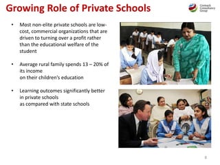 8
Growing Role of Private Schools
• Most non-elite private schools are low-
cost, commercial organizations that are
driven to turning over a profit rather
than the educational welfare of the
student
• Average rural family spends 13 – 20% of
its income
on their children’s education
• Learning outcomes significantly better
in private schools
as compared with state schools
 