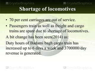 Shortage of locomotives
• 70 per cent carriages are out of service.
• Passengers train as well as freight and cargo
trains are spare due to shortage of locomotives.
A bit change has been seen(2014) as:
Duty hours of Badami bagh cargo train has
increased up to 6 days a week and 3700000/day
revenue is generated.
 