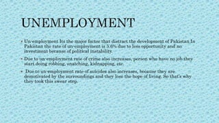  Un-employment Its the major factor that distract the development of Pakistan In
Pakistan the rate of un-employment is 5.6% due to less opportunity and no
investment because of political instability.
 Due to un-employment rate of crime also increases, person who have no job they
start doing robbing, snatching, kidnapping, etc.
 Due to un-employment rate of suicides also increases, because they are
demotivated by the surroundings and they lose the hope of living. So that’s why
they took this swear step.
 