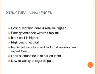 Structural ChallengesCost of working here is relative higher.Poor governance with red tapism.Input cost is higherHigh cost of capitalInefficient structure and lack of diversification in export folio.Lack of education and skilled labor.Low reliability of legal dispute.