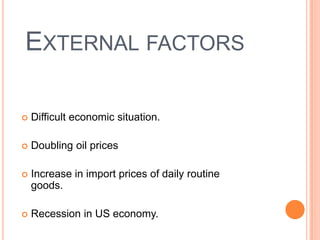 External factorsDifficult economic situation.Doubling oil pricesIncrease in import prices of daily routine goods.Recession in US economy.