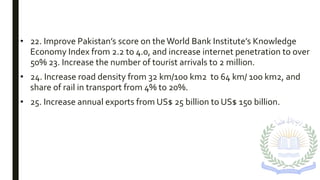 • 22. Improve Pakistan’s score on theWorld Bank Institute’s Knowledge
Economy Index from 2.2 to 4.0, and increase internet penetration to over
50% 23. Increase the number of tourist arrivals to 2 million.
• 24. Increase road density from 32 km/100 km2 to 64 km/ 100 km2, and
share of rail in transport from 4% to 20%.
• 25. Increase annual exports from US$ 25 billion to US$ 150 billion.
 