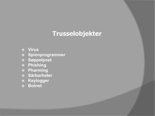 TrusselobjekterVirusSpionprogrammerSøppelpostPhishingPharmingSårbarheterKeyloggerBotnet