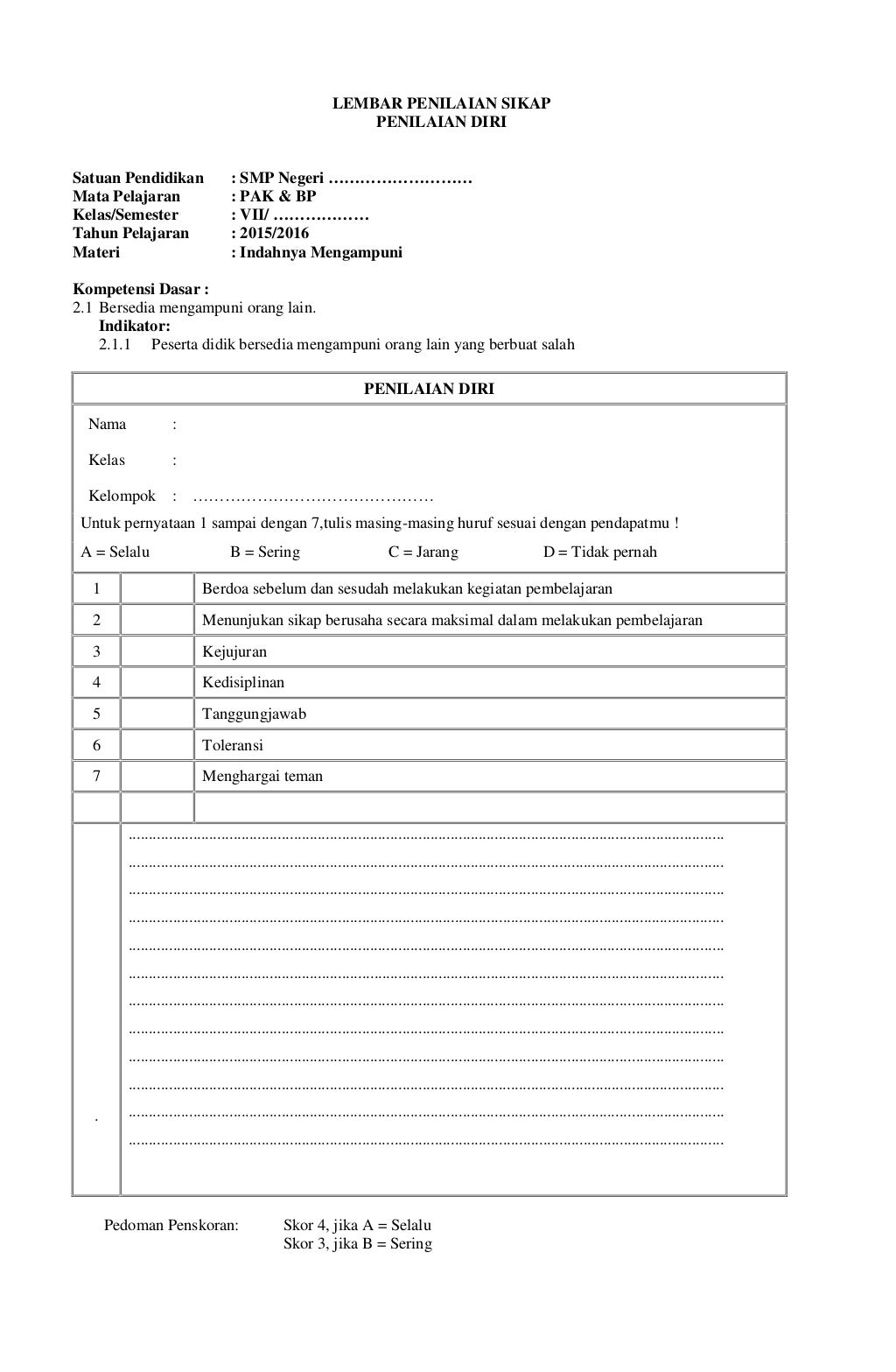 RPP Pendidikan Agama Kristen (PAK) SMP Kelas VII RPP Pendidikan Agama Kristen (PAK) SMP Kelas VII