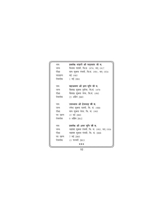 uke        izorZd HkaMkjh Jh in~epan th e-
tUe        fot;k n'keh] fo-la- 1974] lu~ 1917
nh{kk      ek?k 'kqDyk iapeh] fo-la- 1991] lu~ 1934
inxzg.k    ebZ 1985
nsoyksd    1 ebZ 2001

uke        egkJe.k Jh Kku eqfu th e-
tUe        oS'kk[k 'kqDyk r`rh;k] fo-la- 1979
nh{kk      oS'kk[k 'kqDyk rsjl] fo-la- 1993
nsoyksd    23 vizSy 2003

uke        mikè;k; Jh gsepUæ th e-
tUe        T;s"B 'kqDyk n'keh] fo- la- 1980
nh{kk      ek?k 'kqDyk rsjl] fo- la- 1993
in xzg.k   15 ebZ 2003
nsoyksd    9 vizSy 2012

uke        izorZd Jh vej eqfu th e-
tUe        Hkknzin 'kqDyk iapeh] fo- la- 1993] lu~ 1936
nh{kk      Hkknzin 'kqDyk iapeh] fo- la- 2008
in xzg.k   7 ebZ 2003
nsoyksd    13 iQjojh 2013
                      ● ● ●



                      10
 