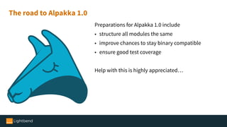 Preparations for Alpakka 1.0 include
• structure all modules the same
• improve chances to stay binary compatible
• ensure good test coverage
Help with this is highly appreciated…
The road to Alpakka 1.0
 