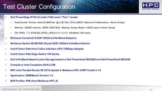 11
Test Cluster Configuration
• Dell PowerEdge R730 32-node (1024-core) “Thor” cluster
– Dual-Socket 16-Core Intel E5-2697Av4 @ 2.60 GHz CPUs (BIOS: Maximum Performance, Home Snoop)
– Memory: 256GB memory, DDR4 2400 MHz, Memory Snoop Mode in BIOS sets to Home Snoop
– OS: RHEL 7.2, M MLNX_OFED_LINUX-3.4-1.0.0.0 InfiniBand SW stack
• Mellanox ConnectX-4 EDR 100Gb/s InfiniBand Adapters
• Mellanox Switch-IB SB7800 36-port EDR 100Gb/s InfiniBand Switch
• Intel® Omni-Path Host Fabric Interface (HFI) 100Gbps Adapter
• Intel® Omni-Path Edge Switch 100 Series
• Dell InfiniBand-Based Lustre Storage based on Dell PowerVault MD3460 and Dell PowerVault MD3420
• Compilers: Intel Compilers 2016.4.258
• MPI: Intel ParallelStudio XE 2016 Update 4, Mellanox HPC-X MPI Toolkit v1.8
• Application: BSMBench Version 1.0
• MPI Profiler: IPM (from Mellanox HPC-X)
 