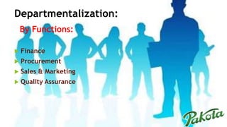 Departmentalization:
 Finance
 Procurement
 Sales & Marketing
 Quality Assurance
By Functions:
 