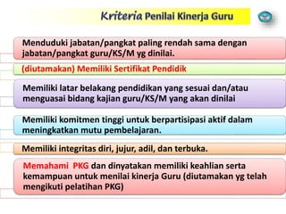 Menduduki jabatan/pangkat paling rendah sama dengan
jabatan/pangkat guru/KS/M yg dinilai.
(diutamakan) Memiliki Sertifikat Pendidik
Memiliki latar belakang pendidikan yang sesuai dan/atau
menguasai bidang kajian guru/KS/M yang akan dinilai
Memiliki komitmen tinggi untuk berpartisipasi aktif dalam
meningkatkan mutu pembelajaran.
Memiliki integritas diri, jujur, adil, dan terbuka.
Memahami PKG dan dinyatakan memiliki keahlian serta
kemampuan untuk menilai kinerja Guru (diutamakan yg telah
mengikuti pelatihan PKG)
 