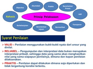 Prinsip Pelaksaaan
Adil
Bermanfaat
Objective
Transparan
Akuntabel
Berorientasi
tujuan
Praktis Berorientasi
Proses
Berkelanjutan
Rahasia
Syarat Penilaian
 VALID – Penilaian menggunakan bukti-bukti nyata dari unsur yang
dinilai.
 RELIABEL – Pengumpulan dan interpretasi data bukan merupakan
interpretasi pribadi, sehingga data yang sama akan menghasilkan
nilai yang sama siapapun penilainya, dimana dan kapan penilaian
dilaksanakan.
 PRAKTIS – Penilaian dapat dilakukan dimana saja diperlukan dan
tidak tergantung kondisi tertentu.
 