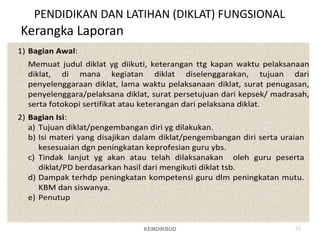 PENDIDIKAN DAN LATIHAN (DIKLAT) FUNGSIONAL
Kerangka Laporan
1) Bagian Awal:
Memuat judul diklat yg diikuti, keterangan ttg kapan waktu pelaksanaan
diklat, di mana kegiatan diklat diselenggarakan, tujuan dari
penyelenggaraan diklat, lama waktu pelaksanaan diklat, surat penugasan,
penyelenggara/pelaksana diklat, surat persetujuan dari kepsek/ madrasah,
serta fotokopi sertifikat atau keterangan dari pelaksana diklat.
2) Bagian Isi:
a) Tujuan diklat/pengembangan diri yg dilakukan.
b) Isi materi yang disajikan dalam diklat/pengembangan diri serta uraian
kesesuaian dgn peningkatan keprofesian guru ybs.
c) Tindak lanjut yg akan atau telah dilaksanakan oleh guru peserta
diklat/PD berdasarkan hasil dari mengikuti diklat tsb.
d) Dampak terhdp peningkatan kompetensi guru dlm peningkatan mutu.
KBM dan siswanya.
e) Penutup
51
KEMDIKBUD
 