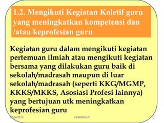 1.2. Mengikuti Kegiatan Koletif guru
yang meningkatkan kompetensi dan
/atau keprofesian guru
Kegiatan guru dalam mengikuti kegiatan
pertemuan ilmiah atau mengikuti kegiatan
bersama yang dilakukan guru baik di
sekolah/madrasah maupun di luar
sekolah/madrasah (seperti KKG/MGMP,
KKKS/MKKS, Asosiasi Profesi lainnya)
yang bertujuan utk meningkatkan
keprofesian guru
18/06/2013 53
KEMDIKBUD
 