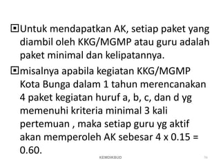 Untuk mendapatkan AK, setiap paket yang
diambil oleh KKG/MGMP atau guru adalah
paket minimal dan kelipatannya.
misalnya apabila kegiatan KKG/MGMP
Kota Bunga dalam 1 tahun merencanakan
4 paket kegiatan huruf a, b, c, dan d yg
memenuhi kriteria minimal 3 kali
pertemuan , maka setiap guru yg aktif
akan memperoleh AK sebesar 4 x 0.15 =
0.60. KEMDIKBUD 56
 