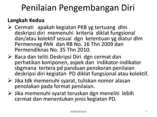 Penilaian Pengembangan Diri
Langkah Kedua
 Cermati apakah kegiatan PKB yg tertuang dlm
deskripsi diri memenuhi kriteria diklat fungsional
dan/atau kolektif sesuai dgn ketentuan yg diatur dlm
Permenneg PAN dan RB No. 16 Thn 2009 dan
Permendiknas No. 35 Thn 2010.
 Baca dan teliti Deskripsi Diri dgn cermat dan
perhatikan komponen, aspek dan indikator-indikator
sbgmana tertera pd panduan penskoran penilaian
deskripsi diri kegiatan PD diklat fungsional atau kolektif.
 Jika tdk memenuhi syarat, tuliskan nomor alasan
penolakan pada format penilaian.
 Jika memenuhi syarat teruskan dgn meneliti lebih
cermat dan menentukan jenis kegiatan PD.
70
KEMDIKBUD
 
