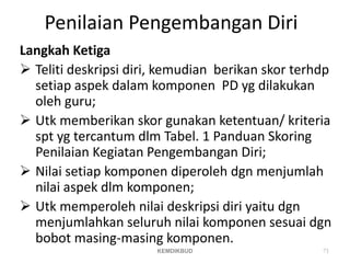 Penilaian Pengembangan Diri
Langkah Ketiga
 Teliti deskripsi diri, kemudian berikan skor terhdp
setiap aspek dalam komponen PD yg dilakukan
oleh guru;
 Utk memberikan skor gunakan ketentuan/ kriteria
spt yg tercantum dlm Tabel. 1 Panduan Skoring
Penilaian Kegiatan Pengembangan Diri;
 Nilai setiap komponen diperoleh dgn menjumlah
nilai aspek dlm komponen;
 Utk memperoleh nilai deskripsi diri yaitu dgn
menjumlahkan seluruh nilai komponen sesuai dgn
bobot masing-masing komponen.
71
KEMDIKBUD
 