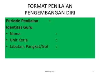FORMAT PENILAIAN
PENGEMBANGAN DIRI
Periode Penilaian :
Identitas Guru
• Nama :
• Unit Kerja :
• Jabatan, Pangkat/Gol :
KEMDIKBUD 72
 