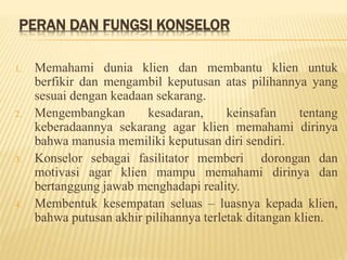 PERAN DAN FUNGSI KONSELOR
1. Memahami dunia klien dan membantu klien untuk
berfikir dan mengambil keputusan atas pilihannya yang
sesuai dengan keadaan sekarang.
2. Mengembangkan kesadaran, keinsafan tentang
keberadaannya sekarang agar klien memahami dirinya
bahwa manusia memiliki keputusan diri sendiri.
3. Konselor sebagai fasilitator memberi dorongan dan
motivasi agar klien mampu memahami dirinya dan
bertanggung jawab menghadapi reality.
4. Membentuk kesempatan seluas – luasnya kepada klien,
bahwa putusan akhir pilihannya terletak ditangan klien.
 