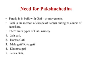 Need for Pakshachedha
• Parada is in built with Gati – or movements.
• Gati is the method of escape of Parada during its course of
samskara.
• There are 5 types of Gati; namely
1. Jala gati,
2. Hamsa Gati
3. Mala gati/ Kitta gati
4. Dhooma gati
5. Jeeva Gati.
 