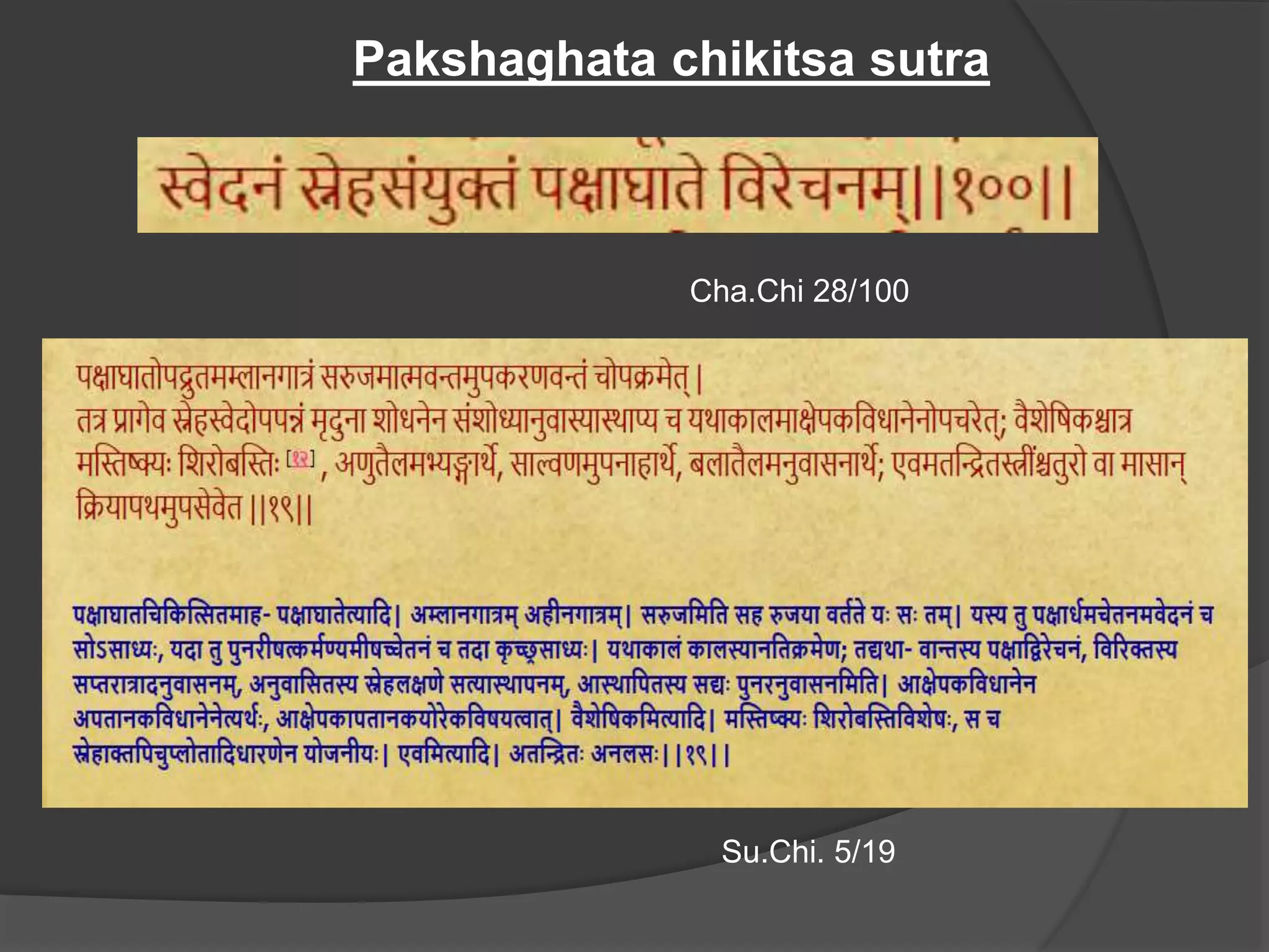 Cha.Chi 28/100
Su.Chi. 5/19
Pakshaghata chikitsa sutra
 