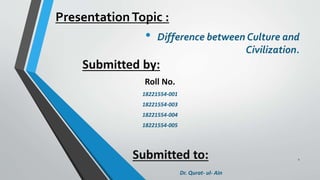 PresentationTopic :
• Difference between Culture and
Civilization.
1
Submitted by:
Roll No.
18221554-001
18221554-003
18221554-004
18221554-005
Submitted to:
Dr. Qurat- ul- Ain
 