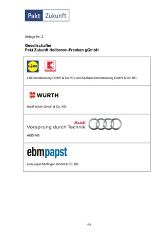 Anlage Nr. 2

Gesellschafter
Pakt Zukunft Heilbronn-Franken gGmbH




 Lidl Dienstleistung GmbH & Co. KG und Kaufland Dienstleistung GmbH & Co. KG




 Adolf Würth GmbH & Co. KG




 AUDI AG




 ebm-papst Mulfingen GmbH & Co. KG




                                          6/9
 