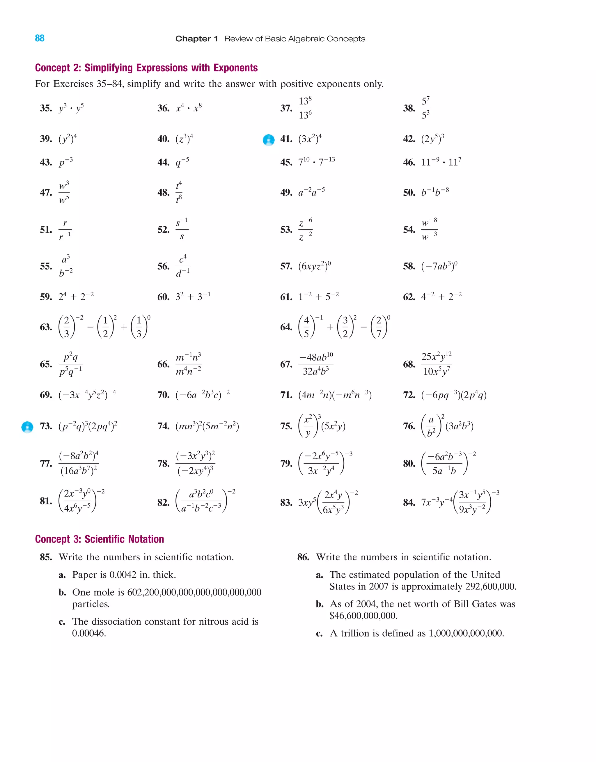 88 Chapter 1 Review of Basic Algebraic Concepts
Concept 2: Simplifying Expressions with Exponents
For Exercises 35–84, simplify and write the answer with positive exponents only.
35. 36. 37. 38.
39. 40. 41. 42.
43. 44. 45. 46.
47. 48. 49. 50.
51. 52. 53. 54.
55. 56. 57. 58.
59. 60. 61. 62.
63. 64.
65. 66. 67. 68.
69. 70. 71. 72.
73. 74. 75. 76.
77. 78. 79. 80.
81. 82. 83. 84.
Concept 3: Scientific Notation
7xϪ3
yϪ4
a
3xϪ1
y5
9x3
yϪ2
b
Ϫ3
3xy5
a
2x4
y
6x5
y3
b
Ϫ2
a
a3
b2
c0
aϪ1
bϪ2
cϪ3
b
Ϫ2
a
2xϪ3
y0
4x6
yϪ5
b
Ϫ2
a
Ϫ6a2
bϪ3
5aϪ1
b
b
Ϫ2
a
Ϫ2x6
yϪ5
3xϪ2
y4
b
Ϫ31Ϫ3x2
y3
22
1Ϫ2xy4
23
1Ϫ8a2
b2
24
116a3
b7
22
a
a
b2
b
2
13a2
b3
2a
x2
y
b
3
15x2
y21mn3
22
15mϪ2
n2
21pϪ2
q23
12pq4
22
1Ϫ6pqϪ3
212p4
q214mϪ2
n21Ϫm6
nϪ3
21Ϫ6aϪ2
b3
c2Ϫ2
1Ϫ3xϪ4
y5
z2
2Ϫ4
25x2
y12
10x5
y7
Ϫ48ab10
32a4
b3
mϪ1
n3
m4
nϪ2
p2
q
p5
qϪ1
a
4
5
b
Ϫ1
ϩ a
3
2
b
2
Ϫ a
2
7
b
0
a
2
3
b
Ϫ2
Ϫ a
1
2
b
2
ϩ a
1
3
b
0
4Ϫ2
ϩ 2Ϫ2
1Ϫ2
ϩ 5Ϫ2
32
ϩ 3Ϫ1
24
ϩ 2Ϫ2
1Ϫ7ab3
20
16xyz2
20c4
dϪ1
a3
bϪ2
wϪ8
wϪ3
zϪ6
zϪ2
sϪ1
s
r
rϪ1
bϪ1
bϪ8
aϪ2
aϪ5t4
t8
w3
w5
11Ϫ9
ؒ 117
710
ؒ 7Ϫ13
qϪ5
pϪ3
12y5
23
13x2
24
1z3
24
1y2
24
57
53
138
136
x4
ؒ x8
y3
ؒ y5
85. Write the numbers in scientific notation.
a. Paper is 0.0042 in. thick.
b. One mole is 602,200,000,000,000,000,000,000
particles.
c. The dissociation constant for nitrous acid is
0.00046.
86. Write the numbers in scientific notation.
a. The estimated population of the United
States in 2007 is approximately 292,600,000.
b. As of 2004, the net worth of Bill Gates was
$46,600,000,000.
c. A trillion is defined as 1,000,000,000,000.
IAmiL2872X_ch01_001-102 09/12/2006 08:32 PM Page 88
CONFIRMING PAGES
 