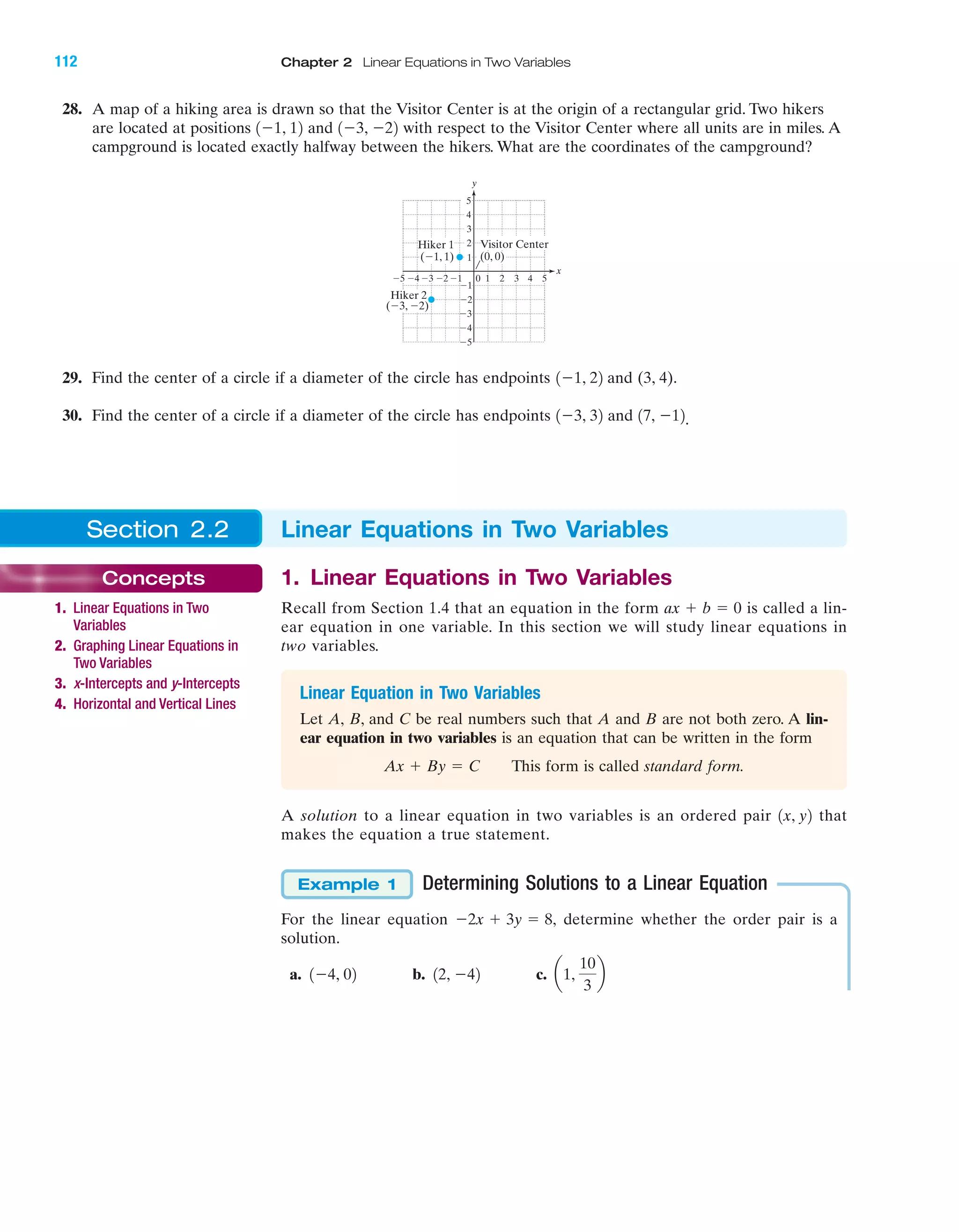 28. A map of a hiking area is drawn so that the Visitor Center is at the origin of a rectangular grid. Two hikers
are located at positions and with respect to the Visitor Center where all units are in miles. A
campground is located exactly halfway between the hikers. What are the coordinates of the campground?
1Ϫ3, Ϫ221Ϫ1, 12
112 Chapter 2 Linear Equations in Two Variables
4 5Ϫ4Ϫ5 Ϫ3 1 2 3
Ϫ2
Ϫ3
Ϫ4
Ϫ5
4
(0, 0)
5
1
Ϫ1Ϫ2
3
2
Ϫ1
0
(Ϫ1, 1)
x
y
Visitor Center
(Ϫ3, Ϫ2)
Hiker 2
Hiker 1
29. Find the center of a circle if a diameter of the circle has endpoints and (3, 4).
30. Find the center of a circle if a diameter of the circle has endpoints and .17, Ϫ121Ϫ3, 32
1Ϫ1, 22
Section 2.2 Linear Equations in Two Variables
Concepts
1. Linear Equations in Two
Variables
2. Graphing Linear Equations in
Two Variables
3. x-Intercepts and y-Intercepts
4. Horizontal and Vertical Lines
1. Linear Equations in Two Variables
Recall from Section 1.4 that an equation in the form is called a lin-
ear equation in one variable. In this section we will study linear equations in
two variables.
ax ϩ b ϭ 0
Linear Equation in Two Variables
Let A, B, and C be real numbers such that A and B are not both zero. A lin-
ear equation in two variables is an equation that can be written in the form
This form is called standard form.Ax ϩ By ϭ C
A solution to a linear equation in two variables is an ordered pair that
makes the equation a true statement.
Determining Solutions to a Linear Equation
For the linear equation determine whether the order pair is a
solution.
a. b. c. a1,
10
3
b12, Ϫ421Ϫ4, 02
Ϫ2x ϩ 3y ϭ 8,
Example 1
1x, y2
IAmiL2872X_ch02_103-176 09/14/2006 06:39 PM Page 112
CONFIRMING PAGES
 