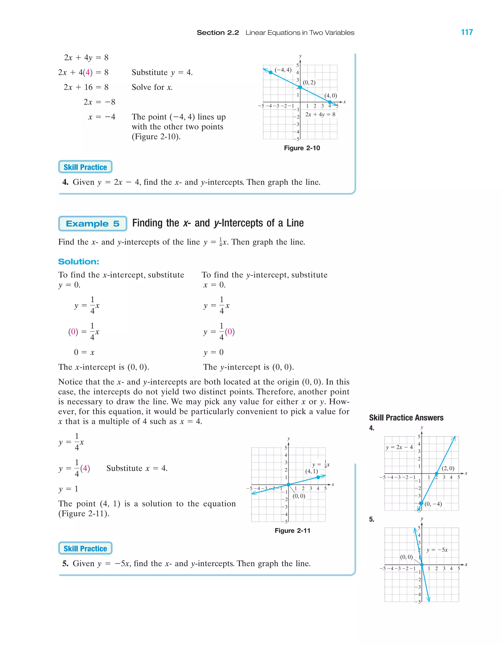 Section 2.2 Linear Equations in Two Variables 117
IA
Substitute .
Solve for x.
The point (Ϫ4, 4) lines up
with the other two points
(Figure 2-10).
4. Given y ϭ 2x Ϫ 4, find the x- and y-intercepts. Then graph the line.
Finding the x- and y-Intercepts of a Line
Find the x- and y-intercepts of the line Then graph the line.
Solution:
To find the x-intercept, substitute To find the y-intercept, substitute
.
The x-intercept is (0, 0). The y-intercept is (0, 0).
Notice that the x- and y-intercepts are both located at the origin (0, 0). In this
case, the intercepts do not yield two distinct points. Therefore, another point
is necessary to draw the line. We may pick any value for either x or y. How-
ever, for this equation, it would be particularly convenient to pick a value for
x that is a multiple of 4 such as
Substitute
The point (4, 1) is a solution to the equation
(Figure 2-11).
5. Given y ϭ Ϫ5x, find the x- and y-intercepts. Then graph the line.
Skill Practice
y ϭ 1
x ϭ 4.y ϭ
1
4
142
y ϭ
1
4
x
x ϭ 4.
y ϭ 00 ϭ x
y ϭ
1
4
102102 ϭ
1
4
x
y ϭ
1
4
xy ϭ
1
4
x
x ϭ 0y ϭ 0.
y ϭ 1
4x.
Example 5
Skill Practice
x ϭ Ϫ4
2x ϭ Ϫ8
2x ϩ 16 ϭ 8
y ϭ 42x ϩ 4142 ϭ 8
2x ϩ 4y ϭ 8
Figure 2-10
4 5Ϫ4Ϫ5 Ϫ3 1 2 3
Ϫ2
Ϫ3
Ϫ4
Ϫ5
4
5
1
Ϫ1Ϫ2
3
2
Ϫ1
x
y
(4, 0)
(0, 2)
(Ϫ4, 4)
2x ϩ 4y ϭ 8
Figure 2-11
4 5Ϫ4Ϫ5 Ϫ3 1 2 3
Ϫ2
Ϫ3
Ϫ4
Ϫ5
4
5
1
Ϫ1Ϫ2
3
2
Ϫ1
x
y
(0, 0)
(4, 1)
y ϭ x
1
4
Skill Practice Answers
4.
5.
4 5Ϫ4Ϫ5 Ϫ3 1 2 3
Ϫ2
Ϫ3
Ϫ4
Ϫ5
4
5
1
Ϫ1Ϫ2
3
2
Ϫ1
x
y
y ϭ Ϫ5x
x
y
(0, 0)
4 5Ϫ4Ϫ5 Ϫ3 1 2 3
Ϫ2
Ϫ3
Ϫ4
Ϫ5
4
5
1
Ϫ1Ϫ2
3
2
Ϫ1
x
y
y ϭ 2x Ϫ 4
(2, 0)
(0, Ϫ4)
miL2872X_ch02_103-176 09/14/2006 06:39 PM Page 117
CONFIRMING PAGES
 