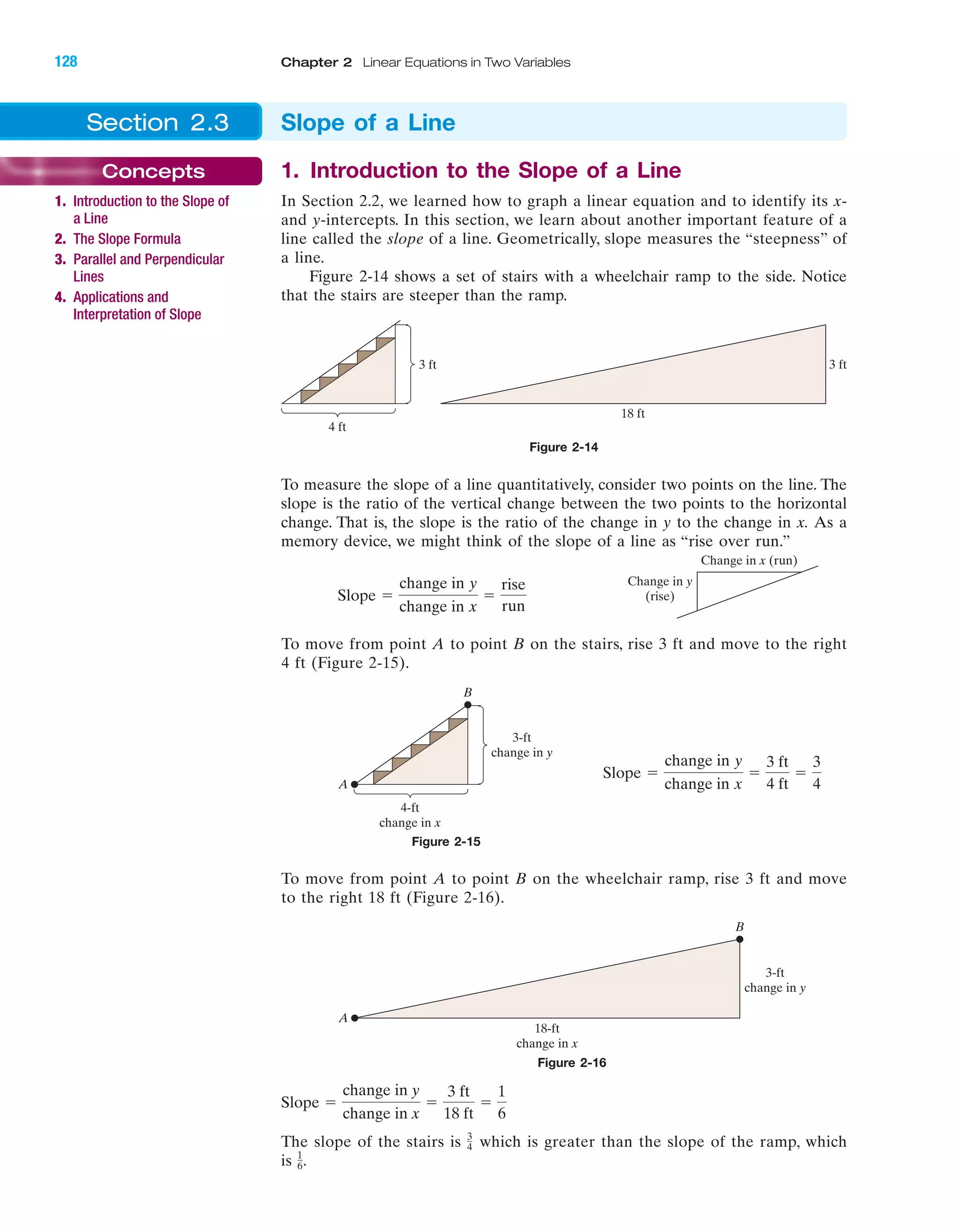 Figure 2-15
Figure 2-16
To measure the slope of a line quantitatively, consider two points on the line. The
slope is the ratio of the vertical change between the two points to the horizontal
change. That is, the slope is the ratio of the change in y to the change in x. As a
memory device, we might think of the slope of a line as “rise over run.”
Slope ϭ
change in y
change in x
ϭ
rise
run
Change in y
(rise)
Change in x (run)
4-ft
change in x
3-ft
change in y
A
B
18-ft
change in x
3-ft
change in y
A
B
To move from point A to point B on the stairs, rise 3 ft and move to the right
4 ft (Figure 2-15).
To move from point A to point B on the wheelchair ramp, rise 3 ft and move
to the right 18 ft (Figure 2-16).
The slope of the stairs is which is greater than the slope of the ramp, which
is 1
6.
3
4
Slope ϭ
change in y
change in x
ϭ
3 ft
18 ft
ϭ
1
6
1. Introduction to the Slope of a Line
In Section 2.2, we learned how to graph a linear equation and to identify its x-
and y-intercepts. In this section, we learn about another important feature of a
line called the slope of a line. Geometrically, slope measures the “steepness” of
a line.
Figure 2-14 shows a set of stairs with a wheelchair ramp to the side. Notice
that the stairs are steeper than the ramp.
4 ft
3 ft 3 ft
18 ft
Figure 2-14
Section 2.3 Slope of a Line
Concepts
1. Introduction to the Slope of
a Line
2. The Slope Formula
3. Parallel and Perpendicular
Lines
4. Applications and
Interpretation of Slope
IA
128 Chapter 2 Linear Equations in Two Variables
Slope ϭ
change in y
change in x
ϭ
3 ft
4 ft
ϭ
3
4
miL2872X_ch02_103-176 09/14/2006 06:41 PM Page 128
CONFIRMING PAGES
 